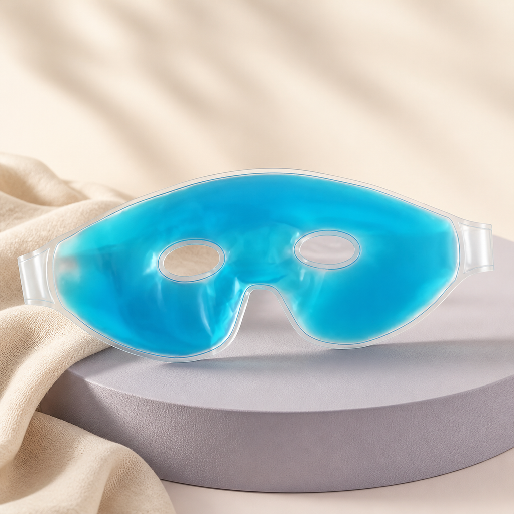 DayHush Cooling Eye Reset Mask on a warm cream and lavender studio set