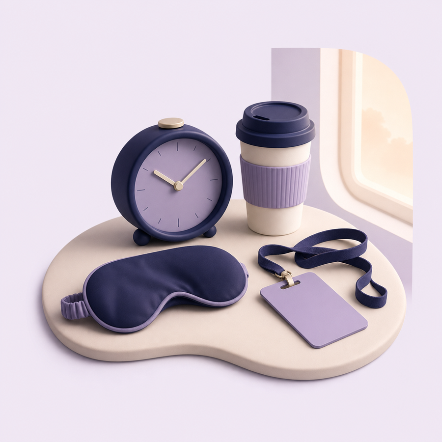 Night-shift items beside a sleep mask in morning light
